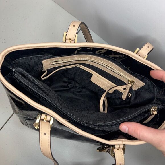 Michael Kors Black Tan Patent Leather Monogram Tote Shoulder Bag Womens Designer - Picture 7 of 11